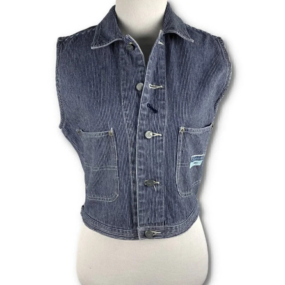 CK Calvin Klein jeans cropped jean vest blue white pinstripes denim vintage 80s - Picture 1 of 12
